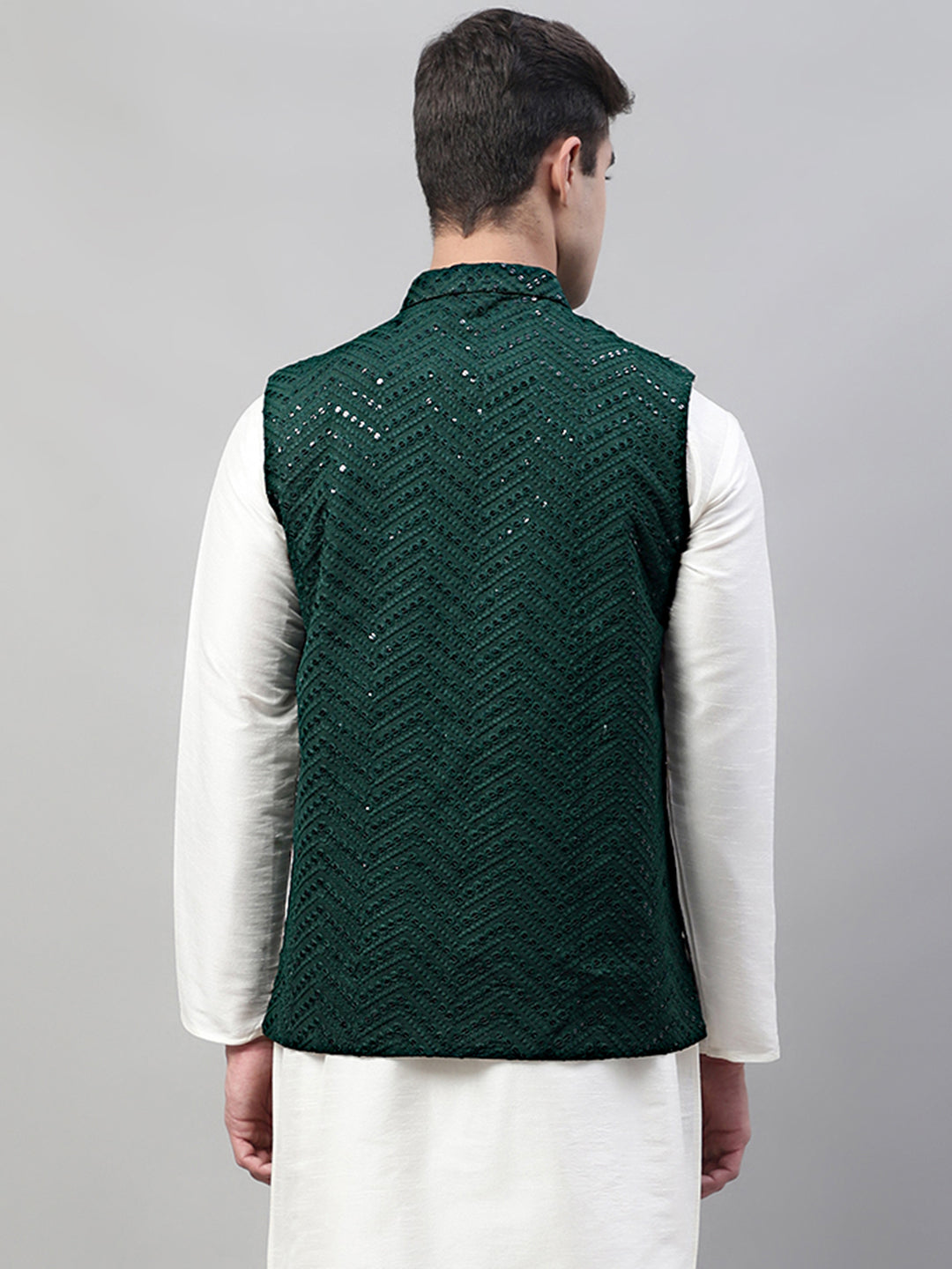 Jompers Men's Sequins Embroidered Rayon Nehru Jacket - Olive