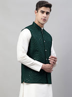 Jompers Men's Sequins Embroidered Rayon Nehru Jacket - Olive