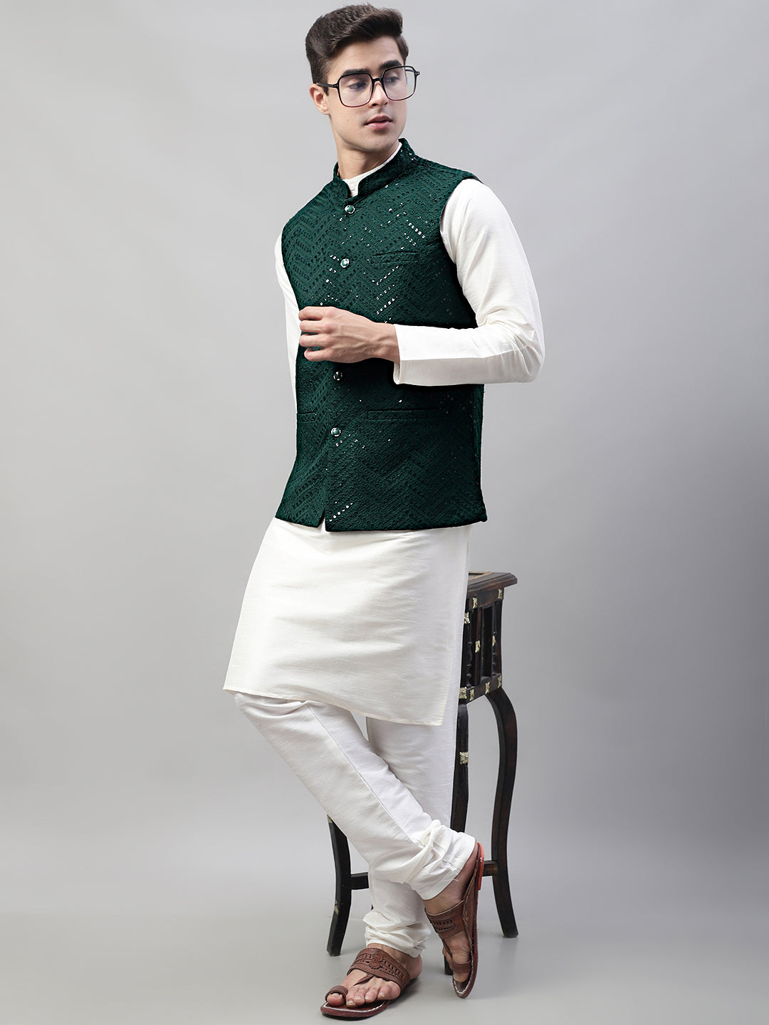 Jompers Men's Sequins Embroidered Rayon Nehru Jacket - Olive
