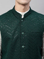 Jompers Men's Sequins Embroidered Rayon Nehru Jacket - Olive