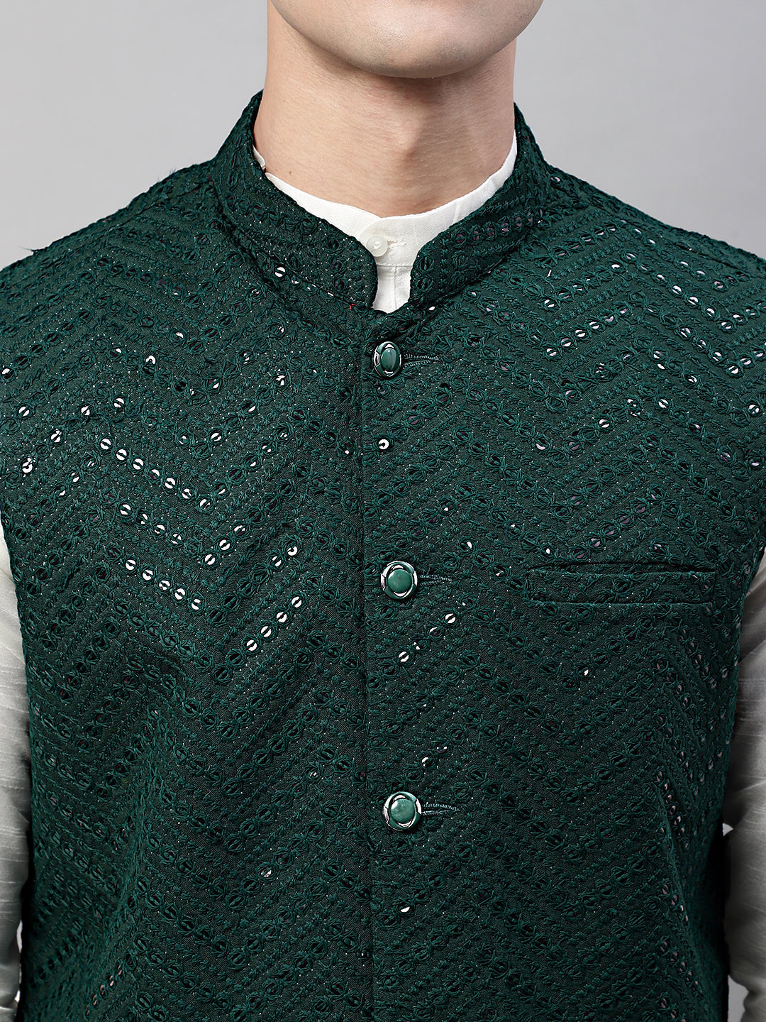 Jompers Men's Sequins Embroidered Rayon Nehru Jacket - Olive