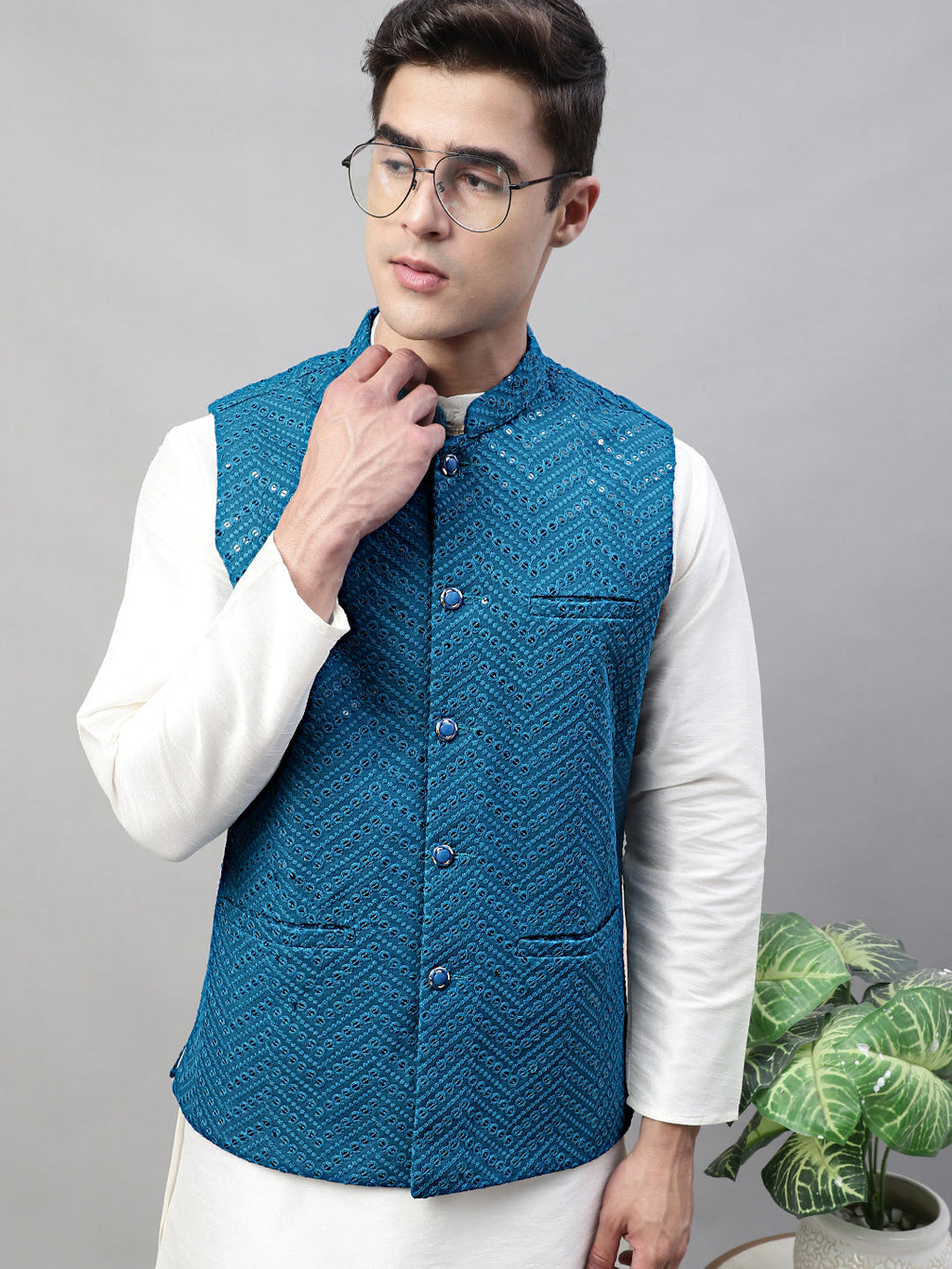 Jompers Men's Sequins Embroidered Rayon Nehru Jacket - Peacock