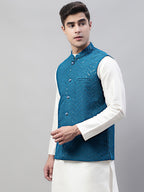 Jompers Men's Sequins Embroidered Rayon Nehru Jacket - Peacock