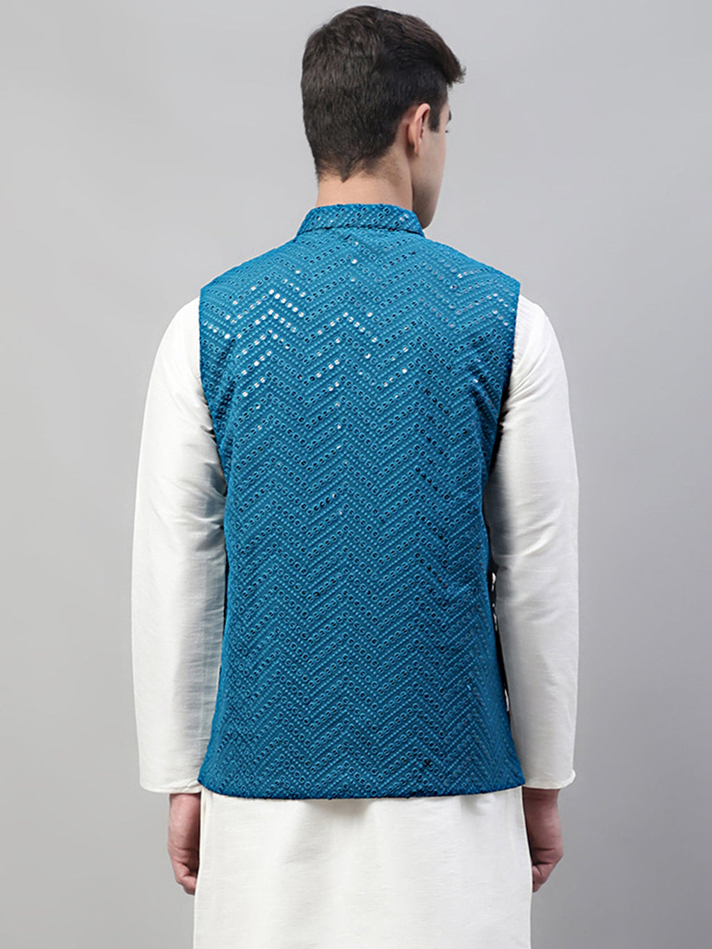 Jompers Men's Sequins Embroidered Rayon Nehru Jacket - Peacock