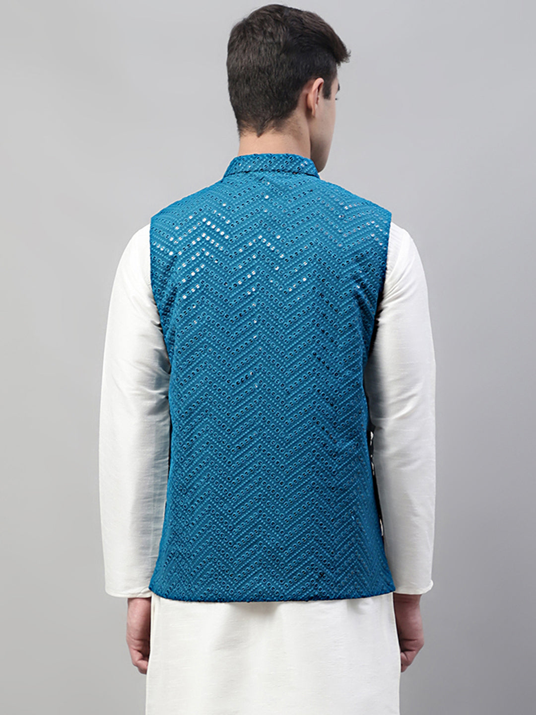 Jompers Men's Sequins Embroidered Rayon Nehru Jacket - Peacock
