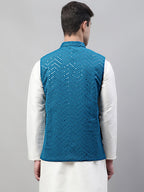 Jompers Men's Sequins Embroidered Rayon Nehru Jacket - Peacock