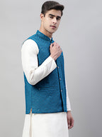 Jompers Men's Sequins Embroidered Rayon Nehru Jacket - Peacock