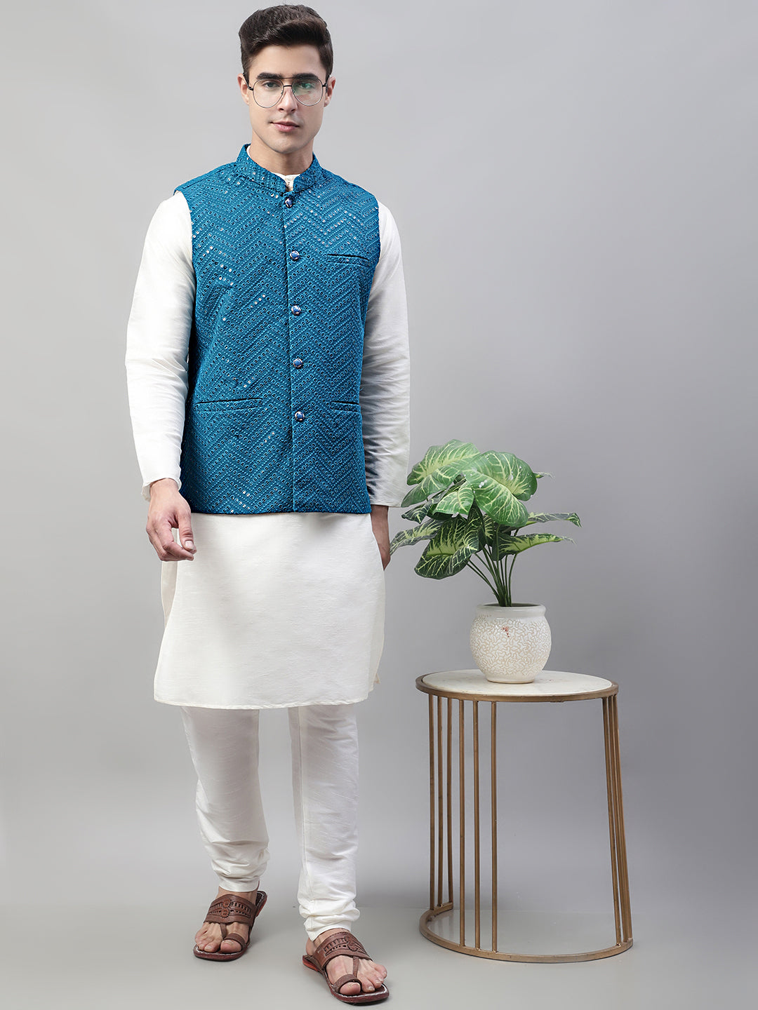 Jompers Men's Sequins Embroidered Rayon Nehru Jacket - Peacock