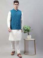 Jompers Men's Sequins Embroidered Rayon Nehru Jacket - Peacock