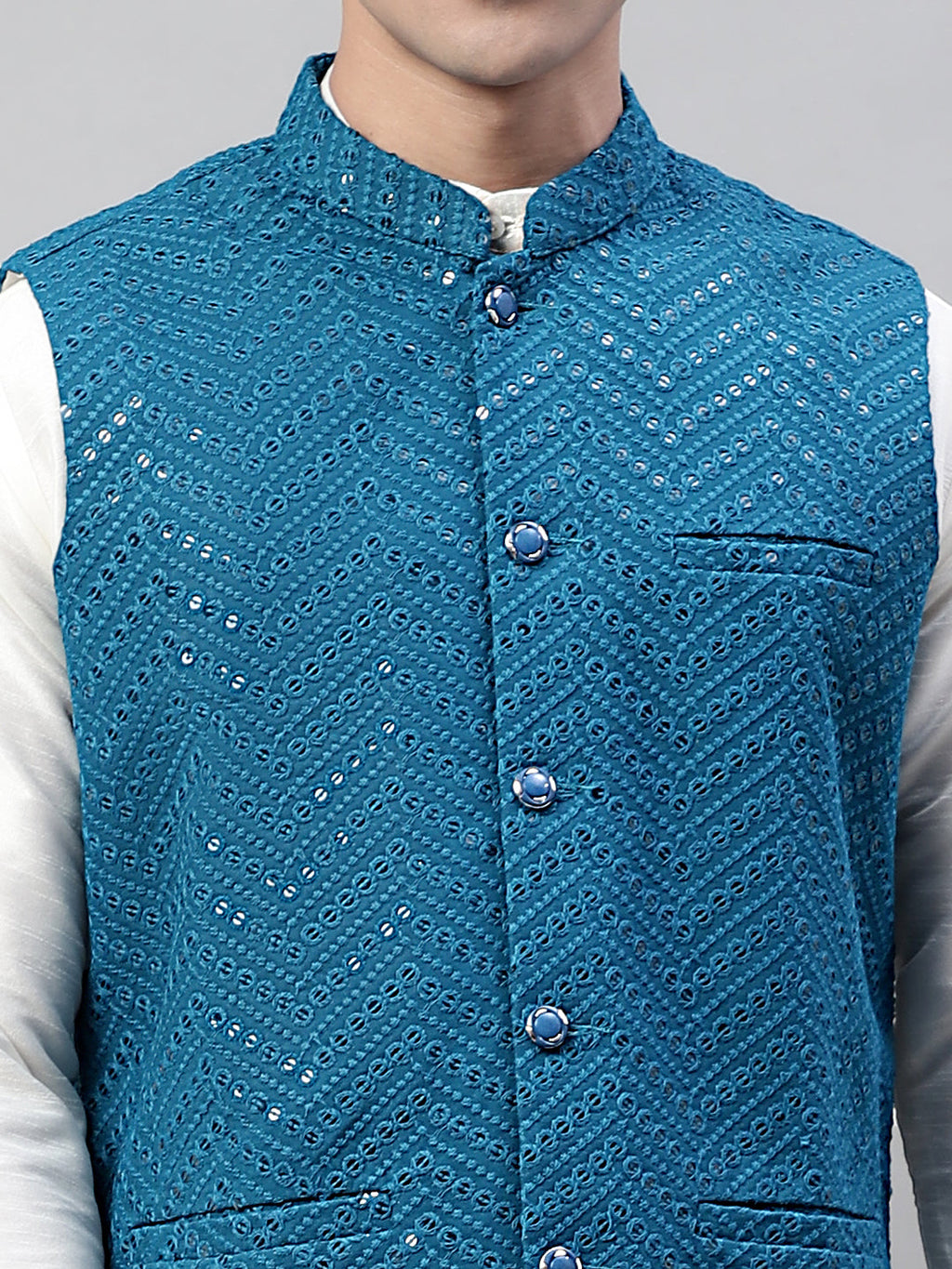 Jompers Men's Sequins Embroidered Rayon Nehru Jacket - Peacock