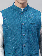 Jompers Men's Sequins Embroidered Rayon Nehru Jacket - Peacock