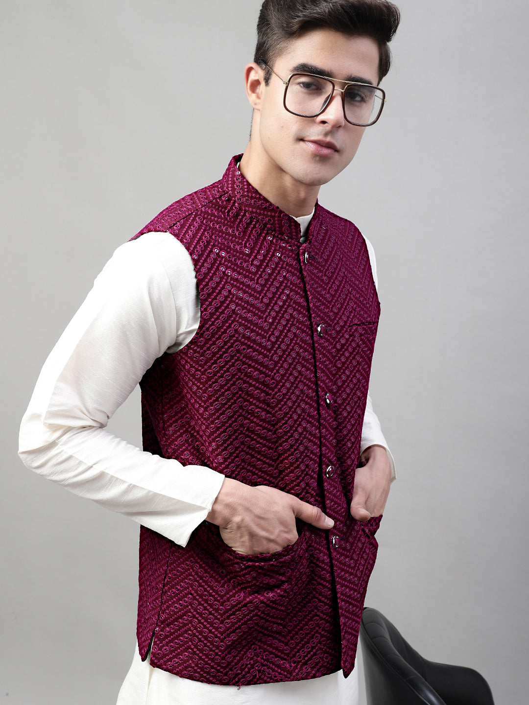 Jompers Men's Sequins Embroidered Rayon Nehru Jacket - Purple