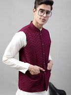 Jompers Men's Sequins Embroidered Rayon Nehru Jacket - Purple