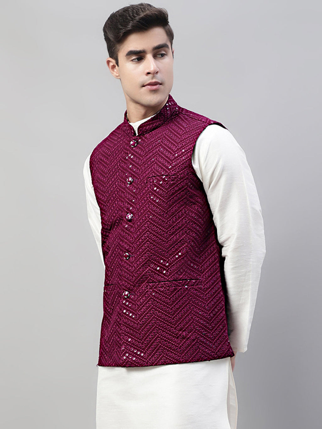 Jompers Men's Sequins Embroidered Rayon Nehru Jacket - Purple