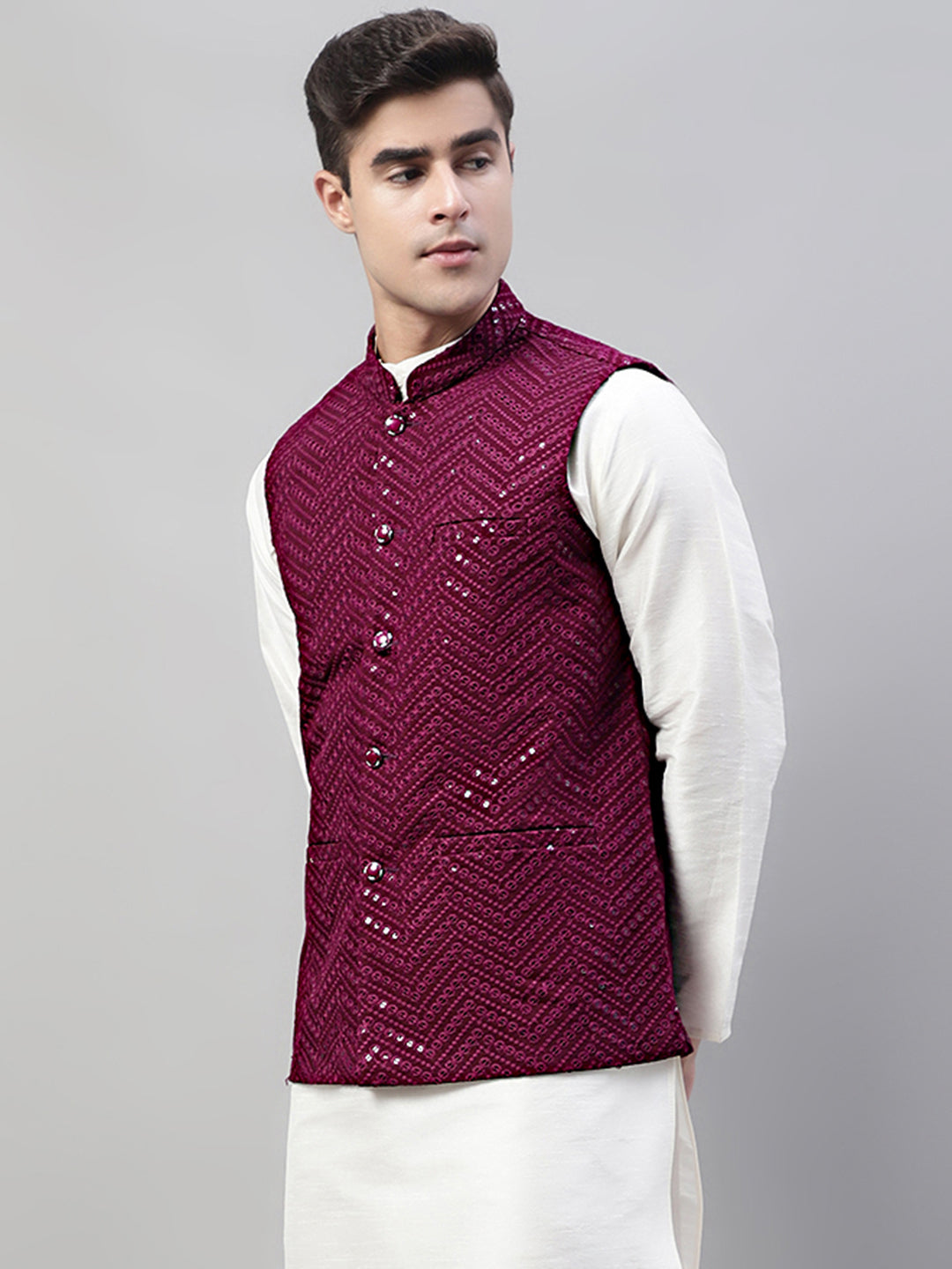 Jompers Men's Sequins Embroidered Rayon Nehru Jacket - Purple