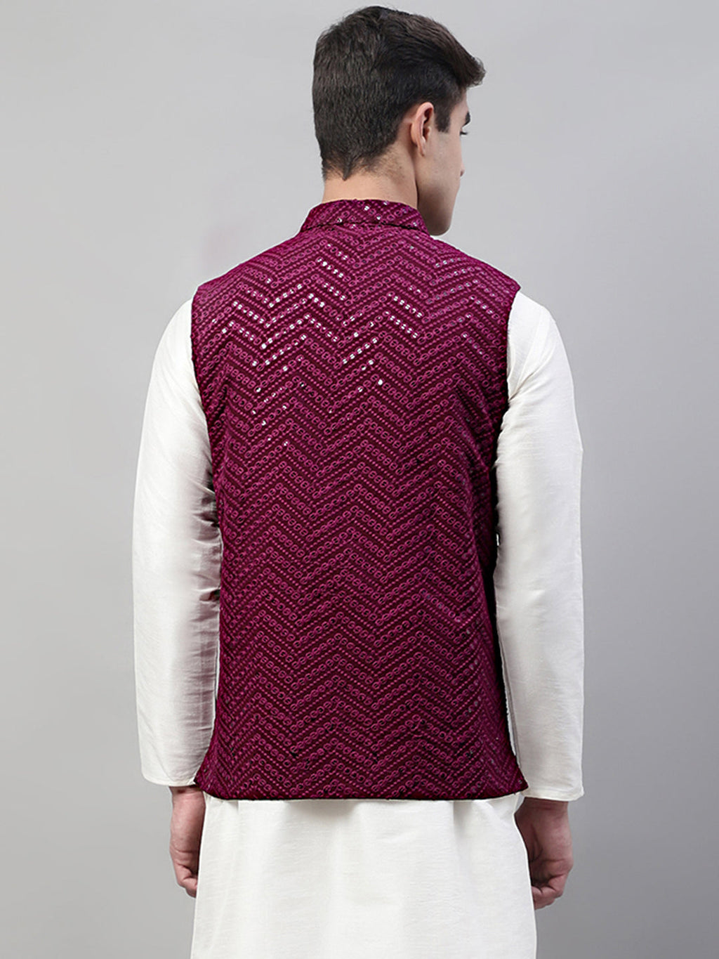 Jompers Men's Sequins Embroidered Rayon Nehru Jacket - Purple