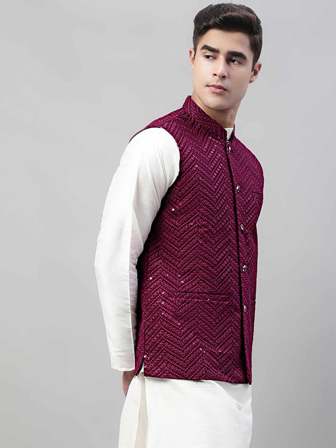 Jompers Men's Sequins Embroidered Rayon Nehru Jacket - Purple