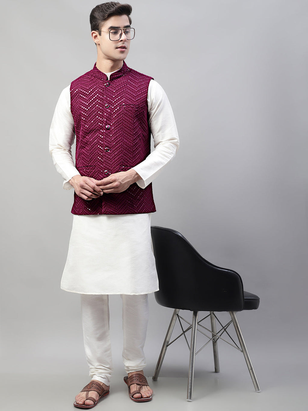 Jompers Men's Sequins Embroidered Rayon Nehru Jacket - Purple