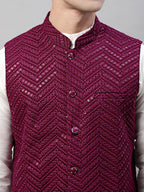 Jompers Men's Sequins Embroidered Rayon Nehru Jacket - Purple