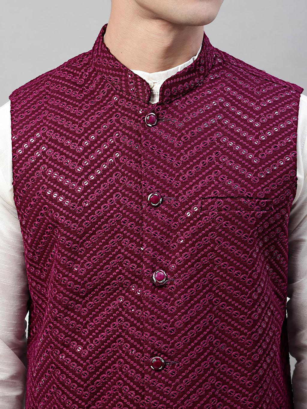 Jompers Men's Sequins Embroidered Rayon Nehru Jacket - Purple
