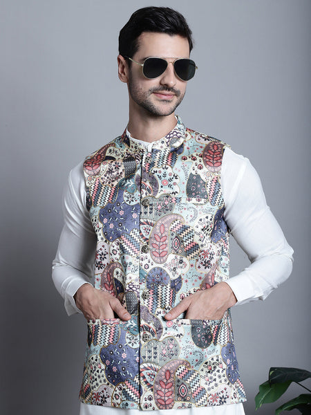 Jompers Men's Printed With Zari Work Nehru Jacket - Blue