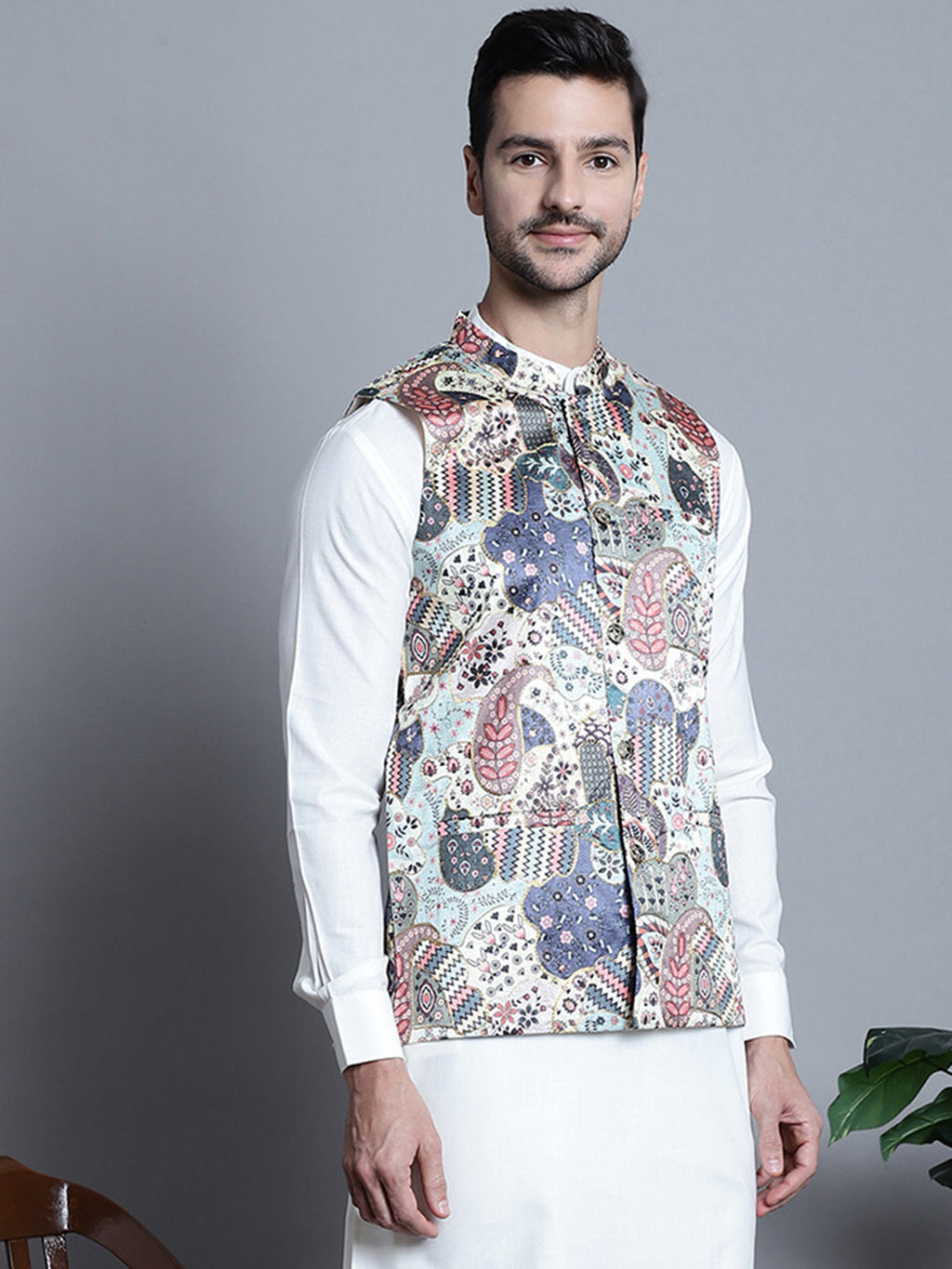 Jompers Men's Printed With Zari Work Nehru Jacket - Blue