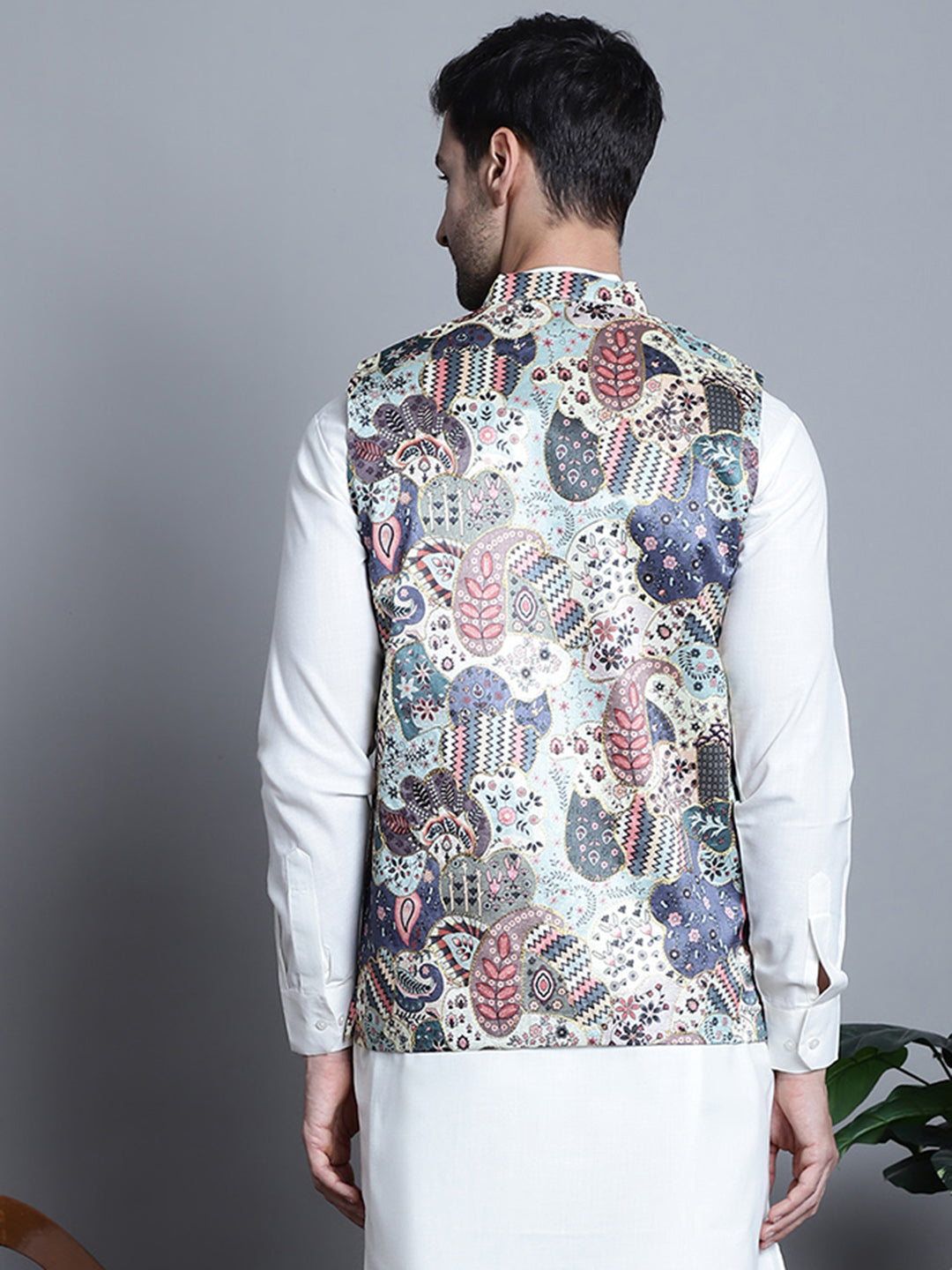 Jompers Men's Printed With Zari Work Nehru Jacket - Blue
