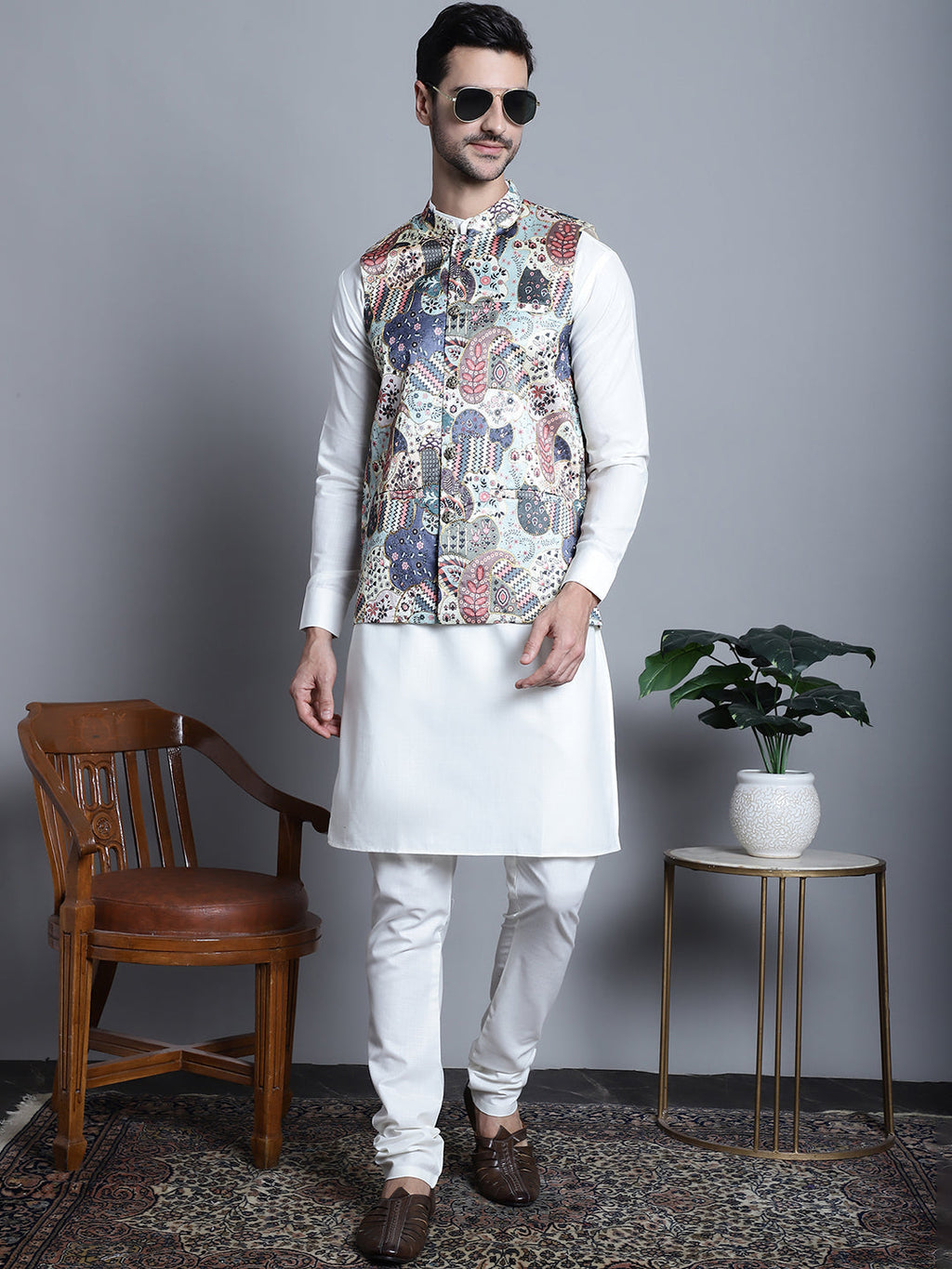 Jompers Men's Printed With Zari Work Nehru Jacket - Blue