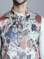 Jompers Men's Printed With Zari Work Nehru Jacket - Blue
