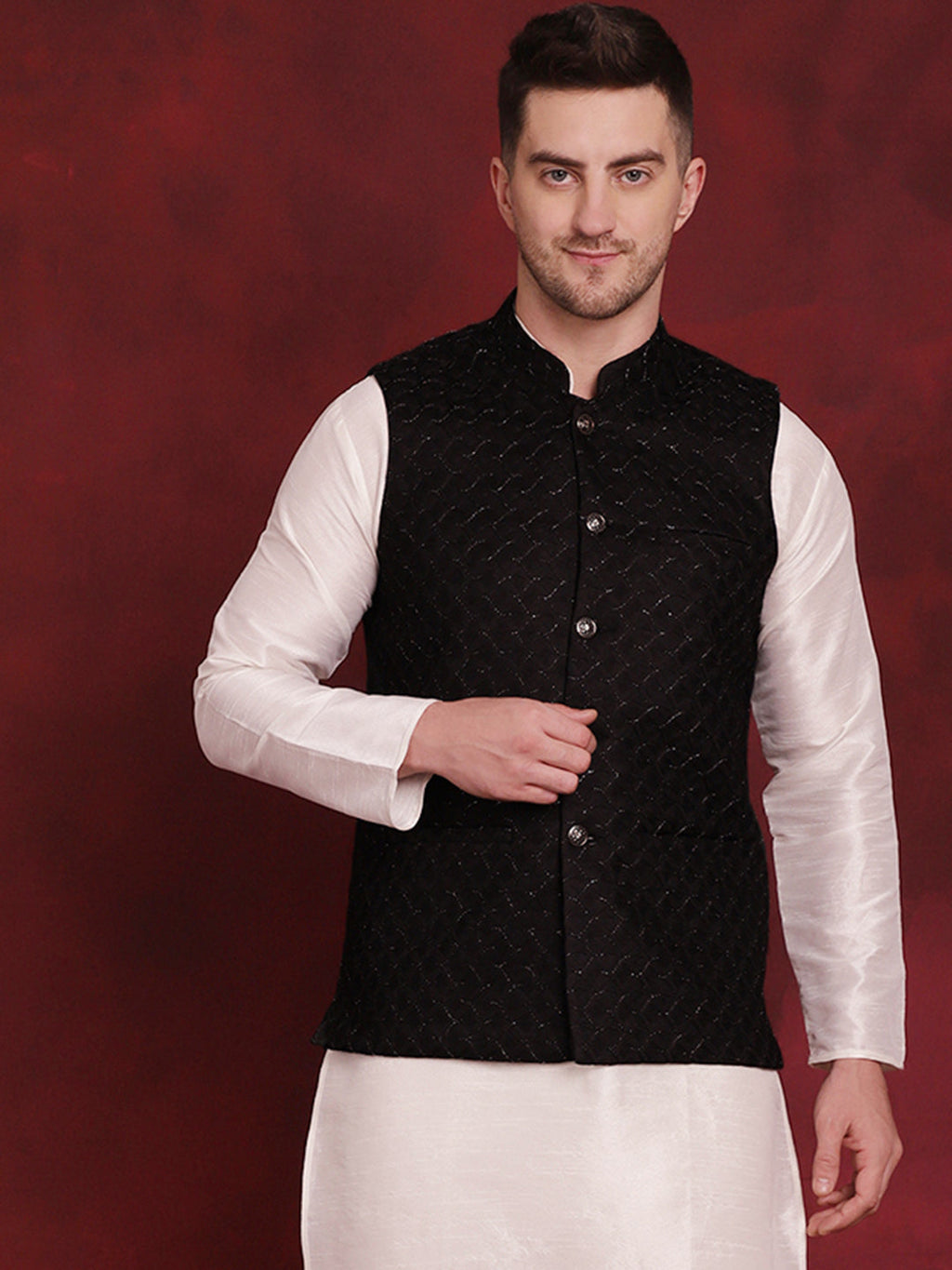 Jompers Men's Black Woven Design Nehru Jacket