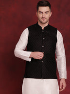 Jompers Men's Black Woven Design Nehru Jacket