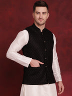 Jompers Men's Black Woven Design Nehru Jacket