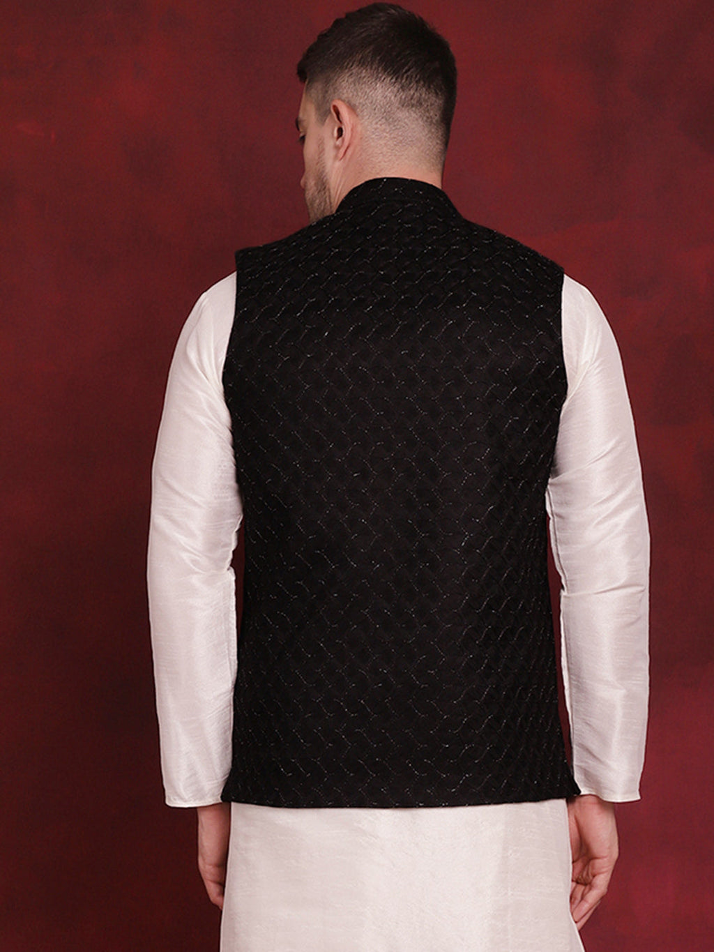 Jompers Men's Black Woven Design Nehru Jacket