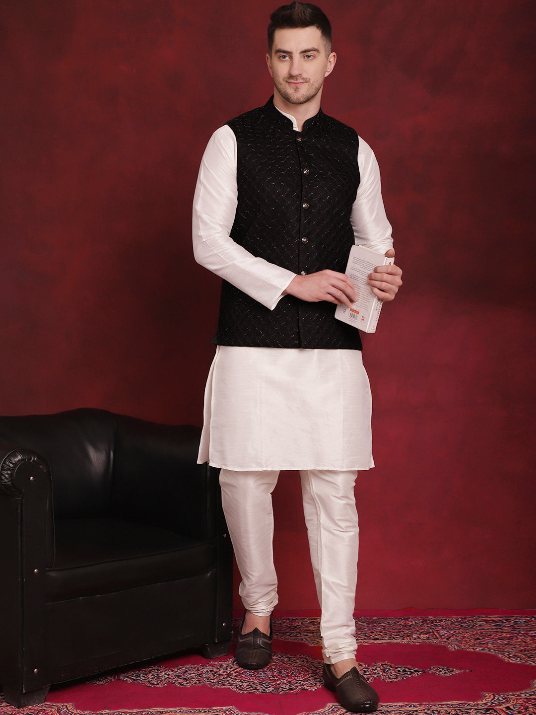 Jompers Men's Black Woven Design Nehru Jacket