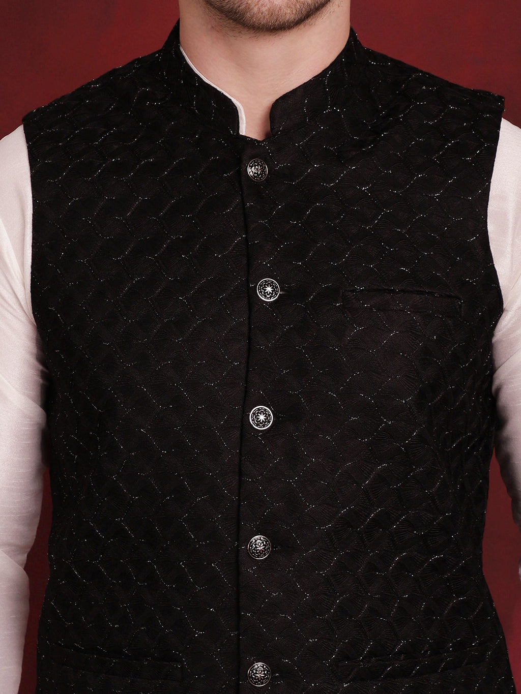 Jompers Men's Black Woven Design Nehru Jacket