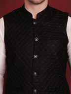 Jompers Men's Black Woven Design Nehru Jacket