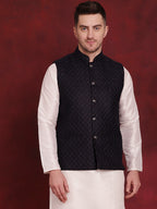 Jompers Men's Navy Blue Woven Design Nehru Jacket