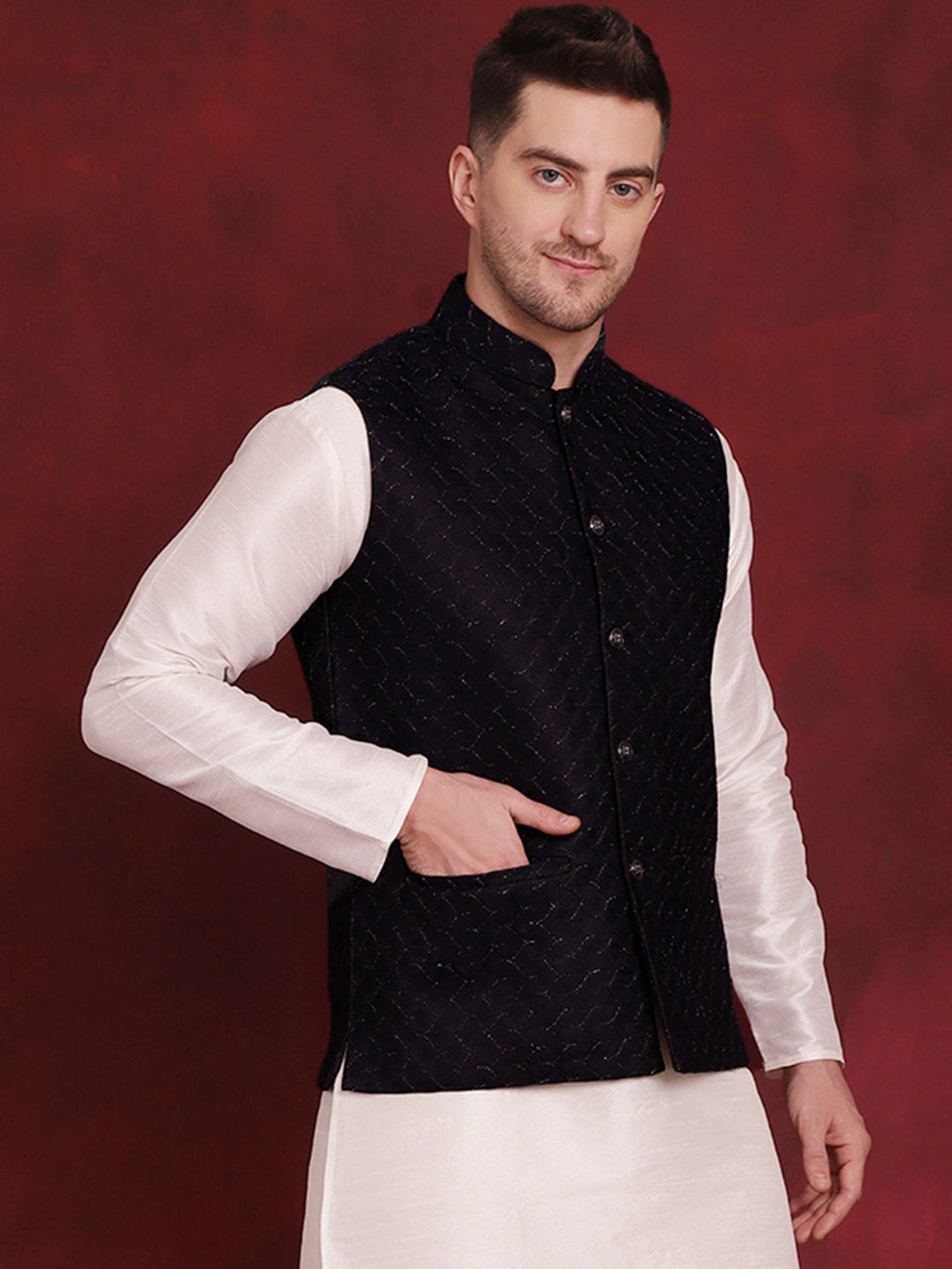 Jompers Men's Navy Blue Woven Design Nehru Jacket