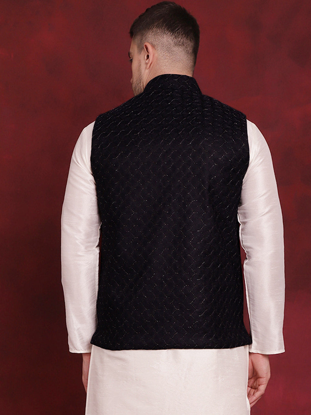 Jompers Men's Navy Blue Woven Design Nehru Jacket