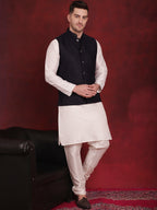 Jompers Men's Navy Blue Woven Design Nehru Jacket