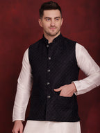 Jompers Men's Navy Blue Woven Design Nehru Jacket