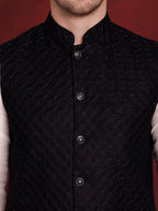 Jompers Men's Navy Blue Woven Design Nehru Jacket