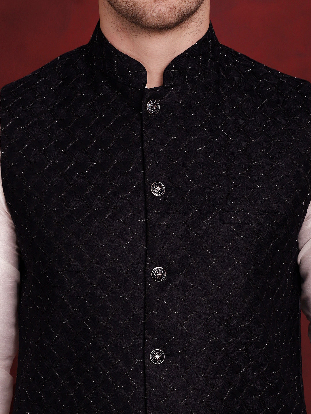 Jompers Men's Navy Blue Woven Design Nehru Jacket