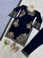 Vastranavya Navy Blue Viscose Velvet Sequence Embroidery Work Kurta & Bottom With Dupatta - Distacart