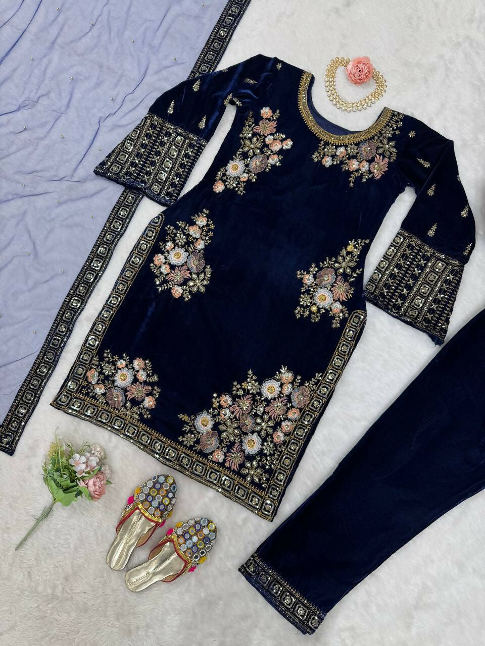 Vastranavya Navy Blue Viscose Velvet Sequence Embroidery Work Kurta & Bottom With Dupatta - Distacart