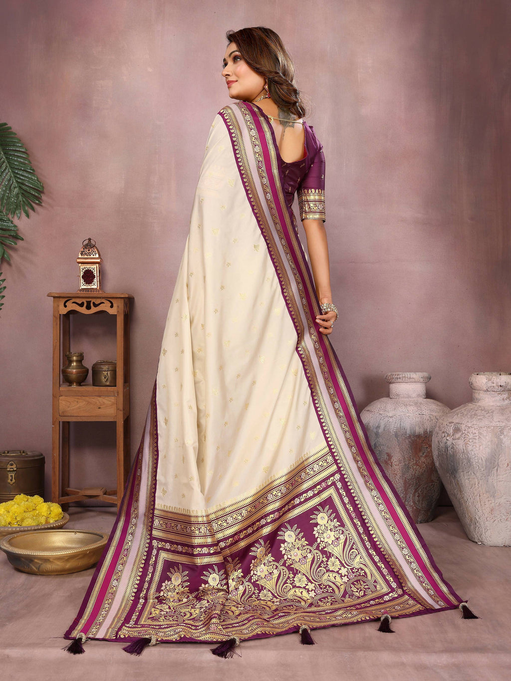 Aastha Fashion Cream Kalamkari Silk Weaving Saree - Distacart