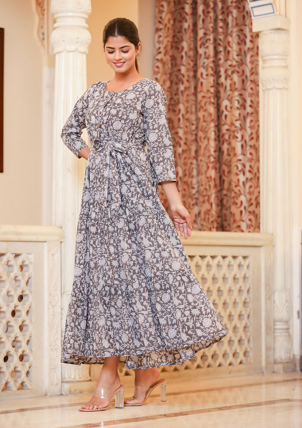 Kaajh Women's Grey Ethnic Floral Hand Block Print Cotton Dress - Distacart