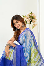 Vastranavya Blue Digital Printed Linen Ready To Wear Designer Saree with Unstitched Blouse - Distacart