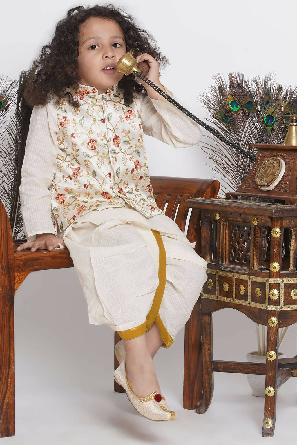 Little Bansi Banarsi Floral Embroidery Jacket Wth Cotton Kantha kurta And Kantha Dhoti - Cream
