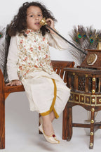 Little Bansi Banarsi Floral Embroidery Jacket Wth Cotton Kantha kurta And Kantha Dhoti - Cream